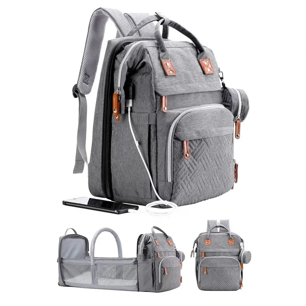 Good Mum Diaper Bag Backpack with Changing Station Grey Heathered USB Port